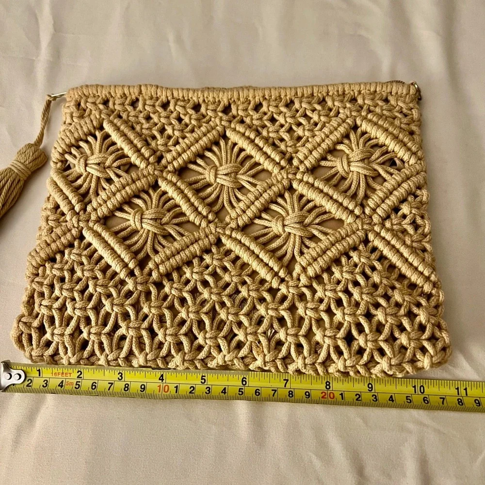 Boho‎ Macrame Tassel Clutch Bag Tan Geometric Woven Zipper Pouch Summer Festival